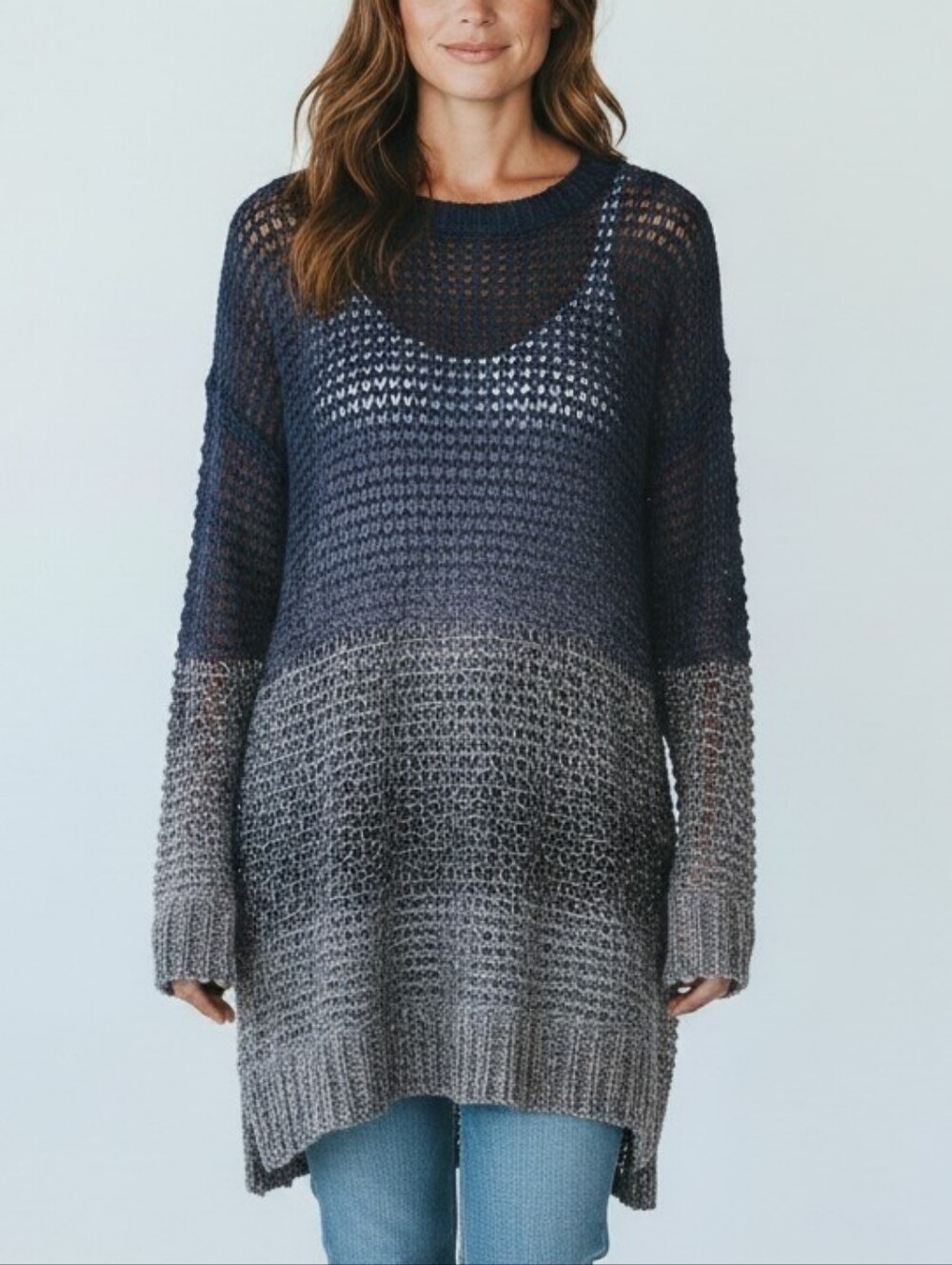 Reitmans Open-Knit Ombre Crew Sweater in Navy and Gray